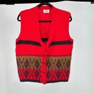 Sisley‎ Red and Brown Patterned Mohair Wool  Blend Sweater Vest Unisex Vintage